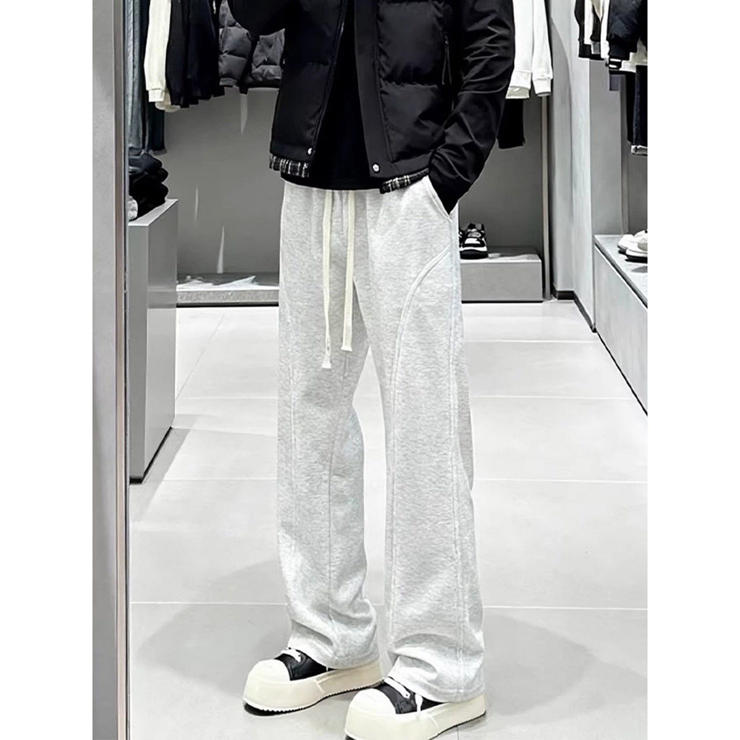 白灰色美式加绒弯刀卫裤男款秋冬垂感显瘦裤子斜切直筒运动休闲裤,男装,卫裤,淘宝优惠券,粉丝福利购,淘宝优惠卷