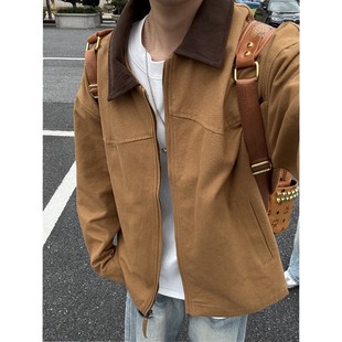 卡其色短款工装外套男款秋季美式复古底特律夹克水洗帆布牛仔上衣