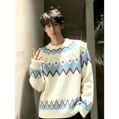 菱格圆领毛衣男仿羊绒针织打底衫