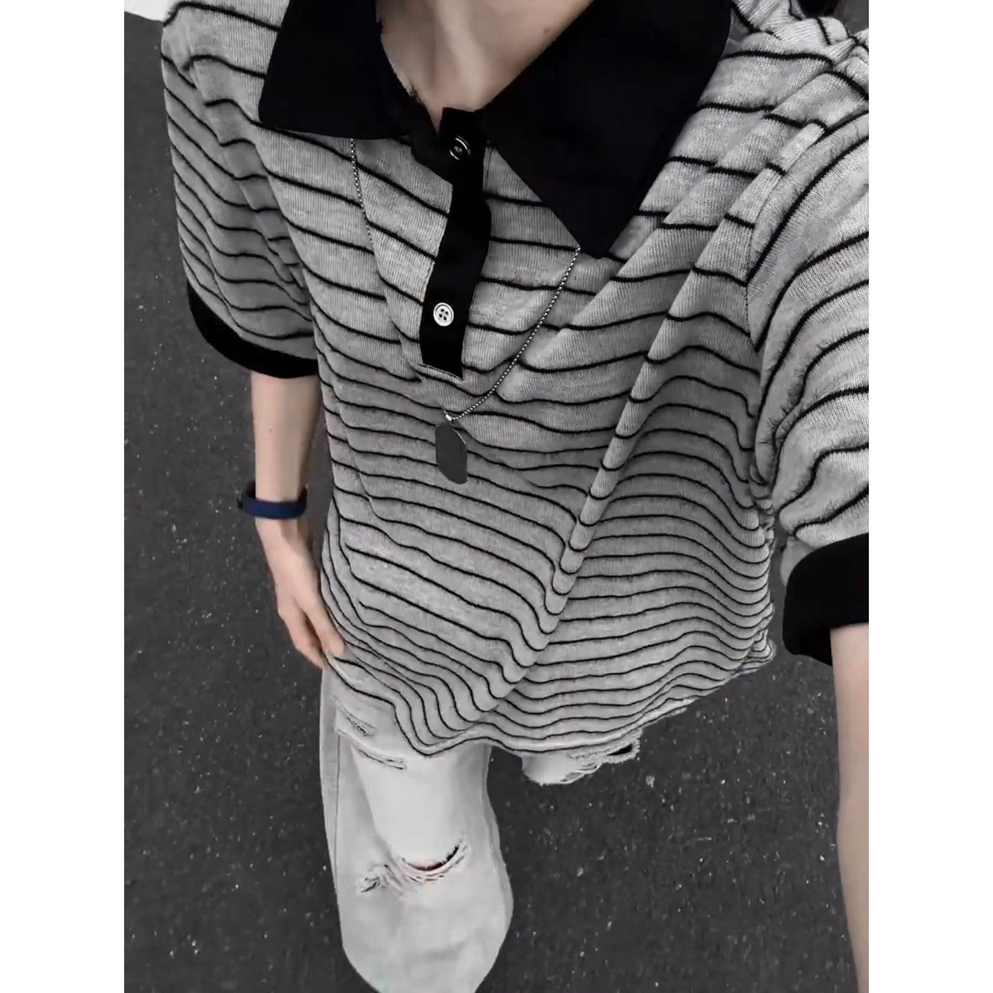 美式复古条纹短袖polo衫男款夏季图片