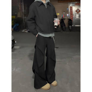 cleanfit黑色褶皱微喇西裤男款秋冬垂坠感高级感裤子宽松直筒长裤