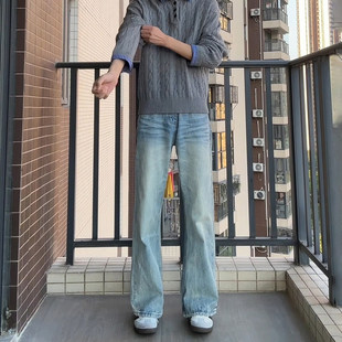 闪电纹加绒微喇牛仔裤男款秋冬美式高街vibe裤子显瘦窄版直筒长裤