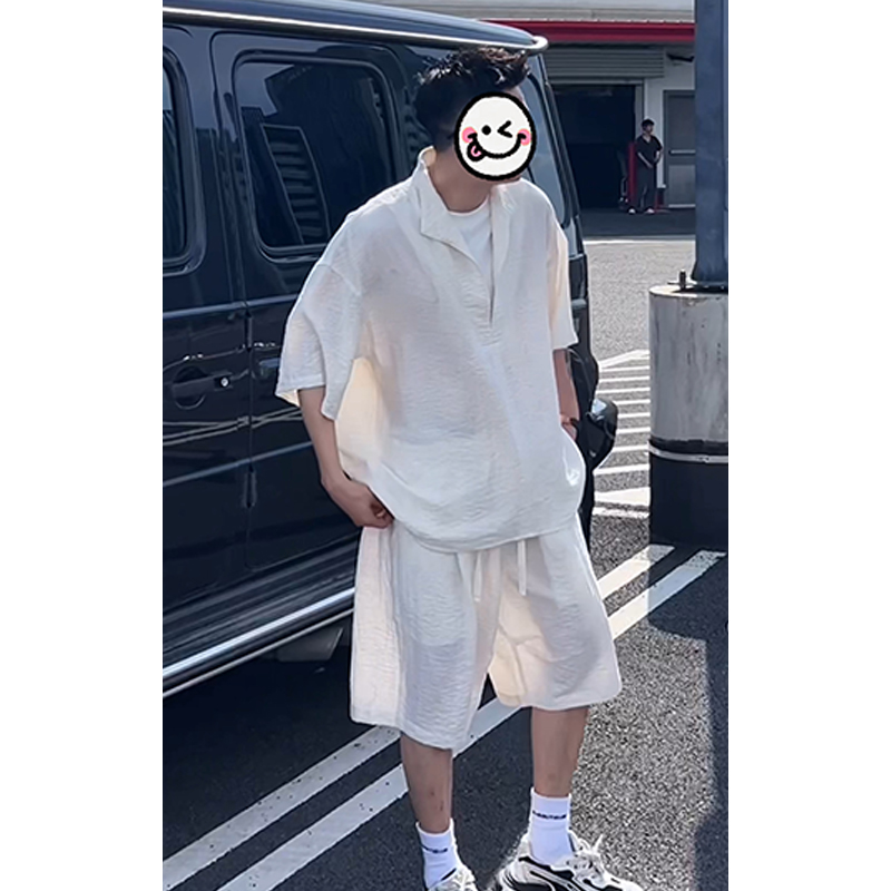日系复古短袖衬衫套装男夏季新款宽松休闲速干透气凉感运动两件套