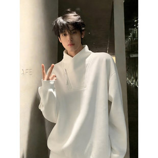 白色美式斜拉链加绒卫衣男款秋冬重磅长袖t恤高领老钱风内搭上衣