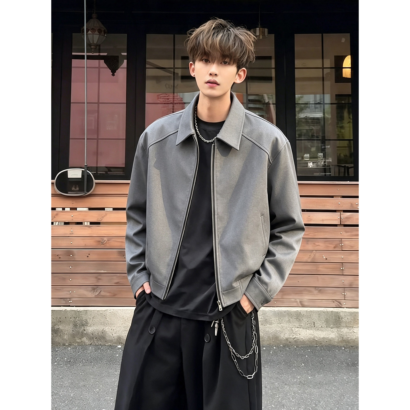 深灰色休闲西装外套男士秋季翻领短款夹克高级感痞帅美式复古上衣