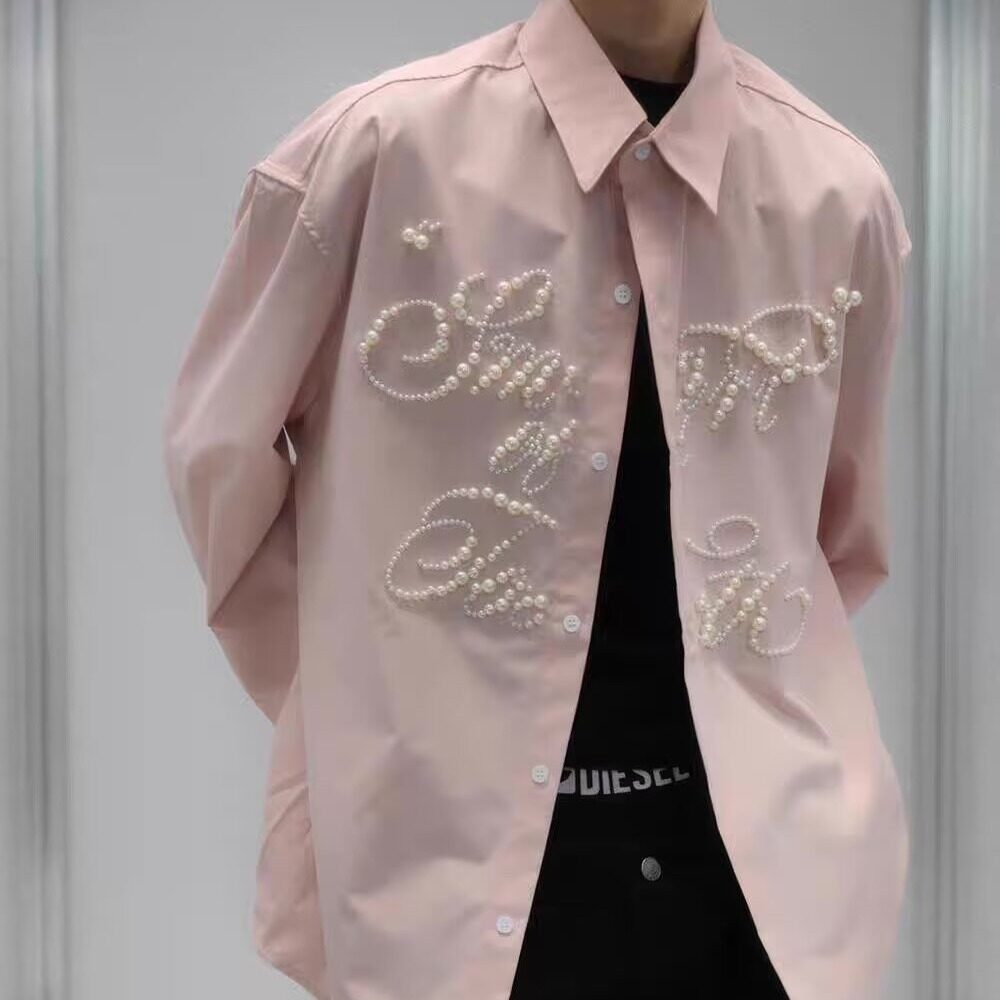 美式小众个性珍珠刺绣长袖衬衫男女夏季高级感痞帅防晒衬衣服外套