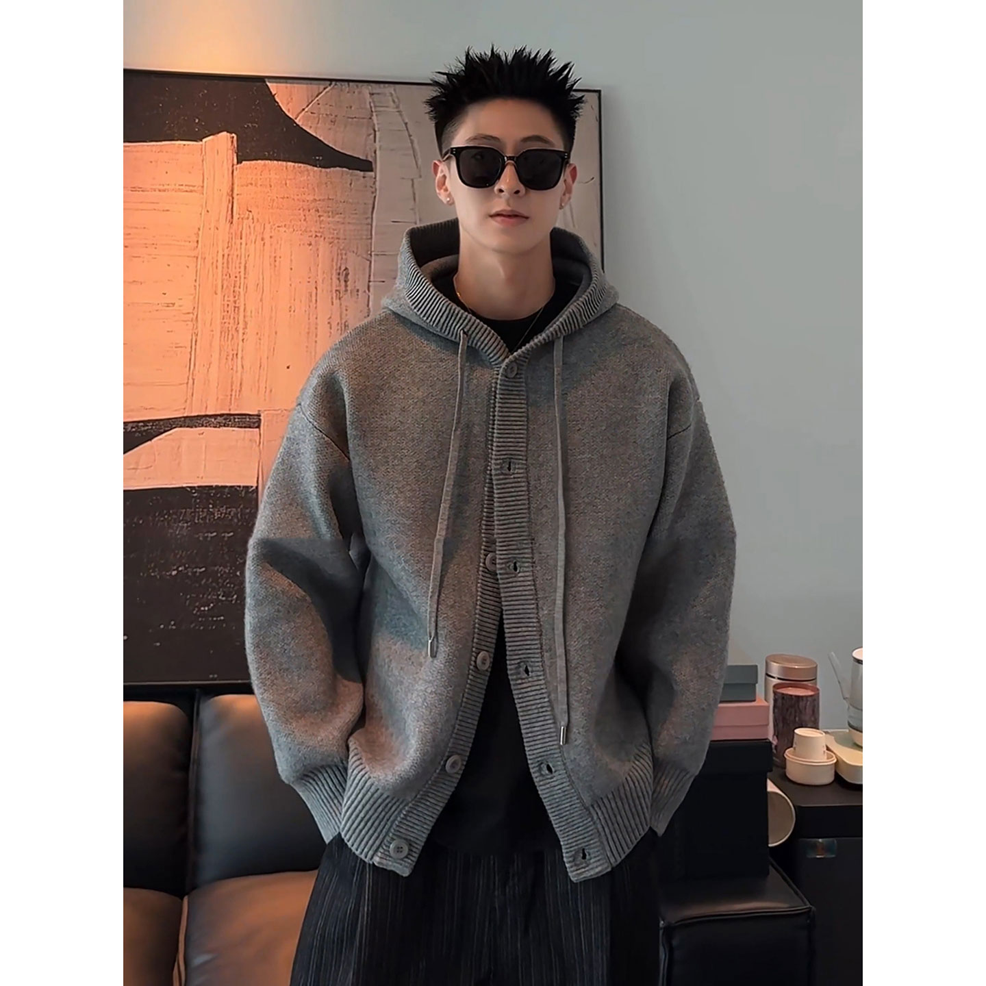 连帽毛衣男士老钱风针织开衫外套