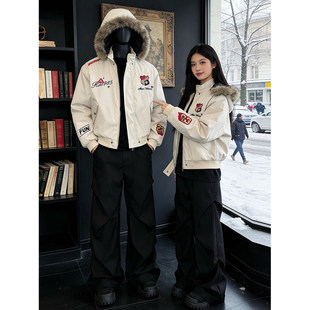 美式工装派克羽绒棉服男女款冬季加厚大毛领外套连帽短款夹克棉袄