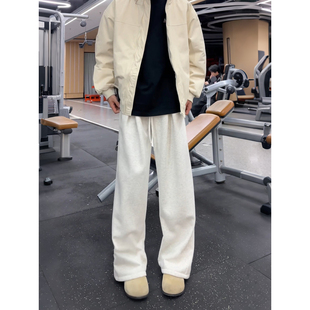 花灰色重磅加绒卫裤男款冬季压褶阔腿弯刀裤子直筒宽松运动休闲裤