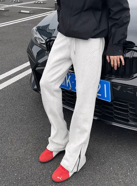 花灰色重磅加绒弯刀卫裤男秋冬加厚侧拉链裤子微喇宽松直筒休闲裤