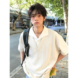 设计感情侣半袖 杏色麦穗纹假两件t恤男生夏季 Polo衫 翻领短袖 美式