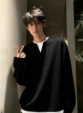 黑色假两件v领长袖t恤男士秋冬穿搭华夫格卫衣重磅加绒内搭打底衫