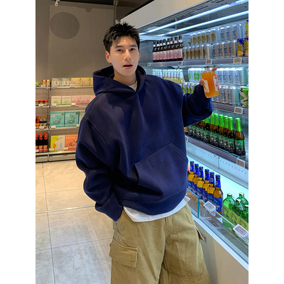 藏青色加绒卫衣男生美式正肩外套