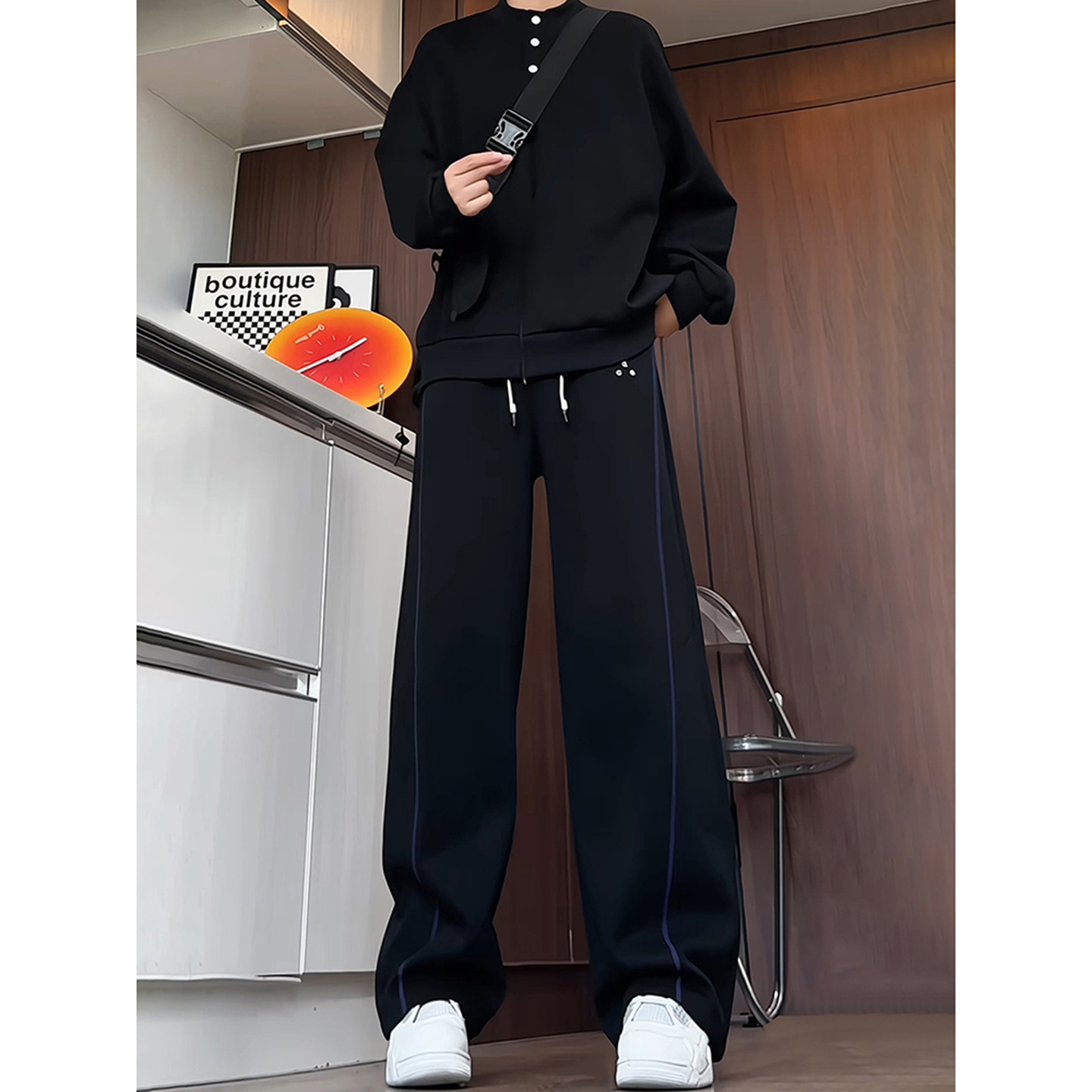 黑色美式运动卫裤男生秋季穿搭青少年酷帅裤子加长直筒阔腿休闲裤