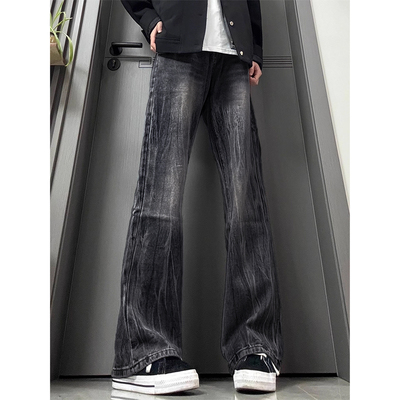 竹节纹牛仔裤男冬季加绒微喇裤子