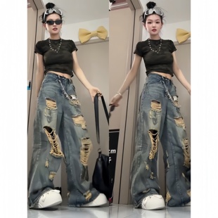 美式复古乞丐破洞牛仔裤男女款2025夏季流行单品潮牌宽松阔腿裤子
