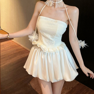 白色花苞半身裙女蓬蓬泡泡短裙子a字超漂亮辣妹生日性感纯欲夏天