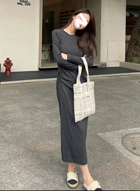 法式长袖灰色连衣裙女2024新款高级感裙子秋冬季内搭收腰显瘦长裙