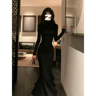 黑色步步生莲鱼尾连衣裙女秋冬气质针织高领长裙轻奢高级感小个子