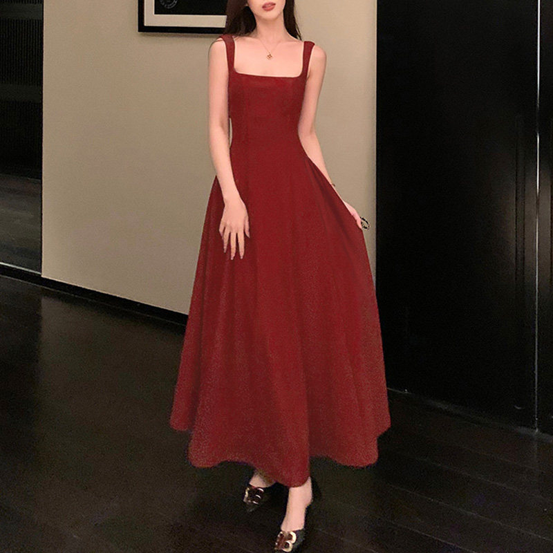 红色长裙子敬酒订婚礼服小个子大裙摆吊带连衣裙女生日质感高级感