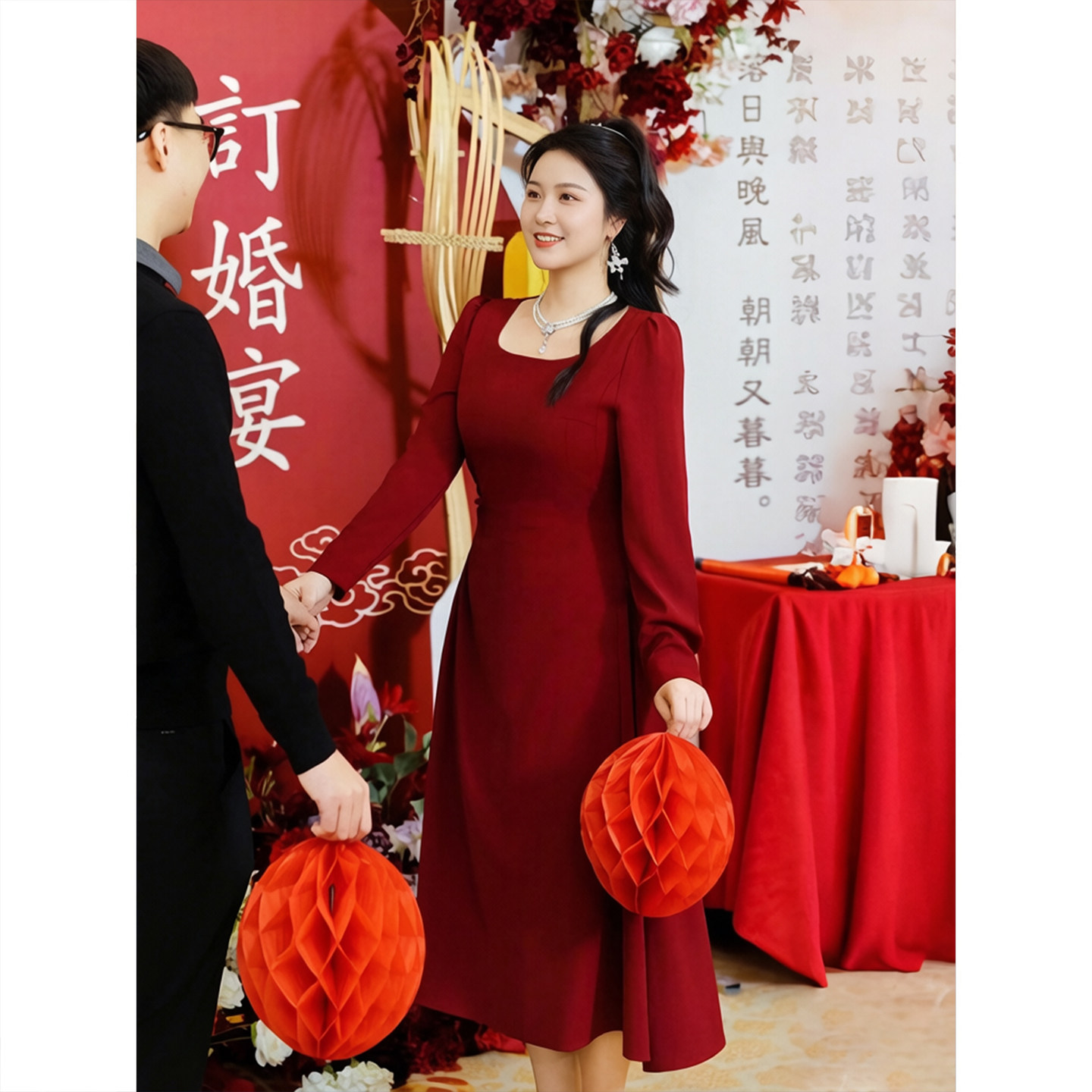 红色连衣裙女订婚礼服长裙子长袖绝美泡泡袖小个子敬酒服新娘新款