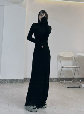 黑色连衣裙女针织冬季高领修身拖地长裙子绝美长袖赫本高个子加长
