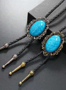 新品 欧美朋克风复古简约绿松石花型合金男士长款波洛领项链