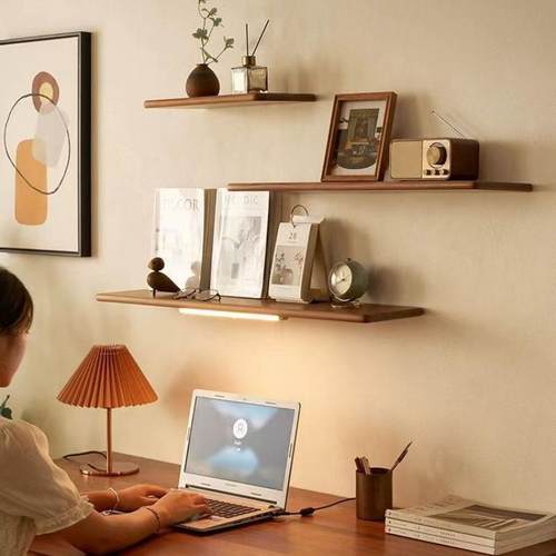 北美黑胡桃一字隔板墙上置物架定作实木桌面客厅搁板挂墙书架层板