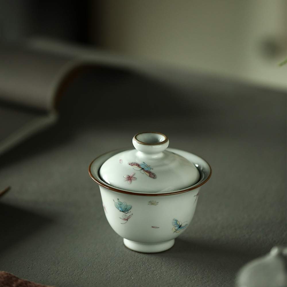 官窑汝窑景德镇粉彩蝶岩茶二才盖碗主人杯手工高端茶具容量180ml