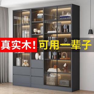全实木书柜带玻璃门展示柜定制家用书架酒柜一体整墙到顶餐边柜子