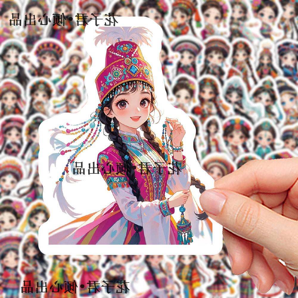 180张卡通民族女孩服饰贴纸Q版国风传统服饰插画手账素材贴画防水