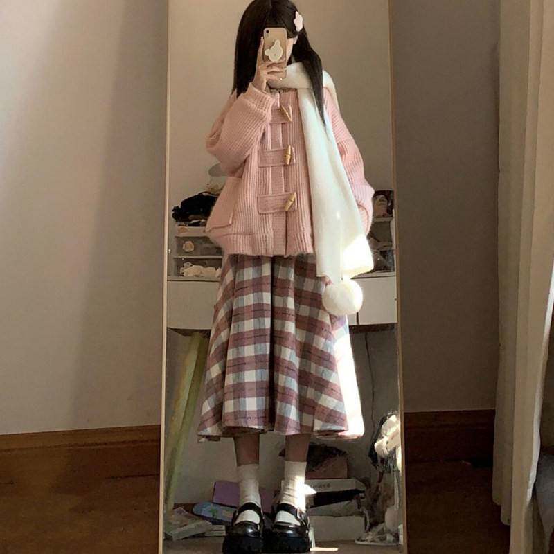 韩系富家千金套装女秋冬高级感穿搭毛衣外套半身长裙小个子两件套