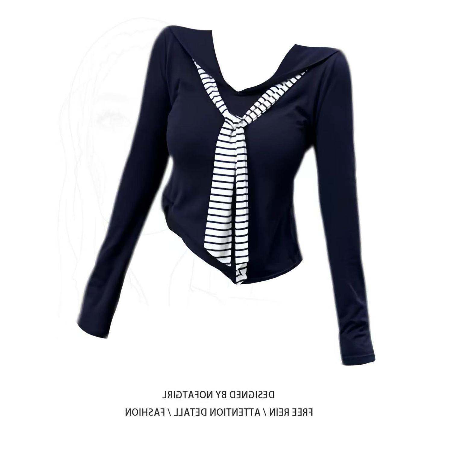 秋季撞色韩系学院风条纹领带长袖T恤女早秋新款修身显瘦别致上衣