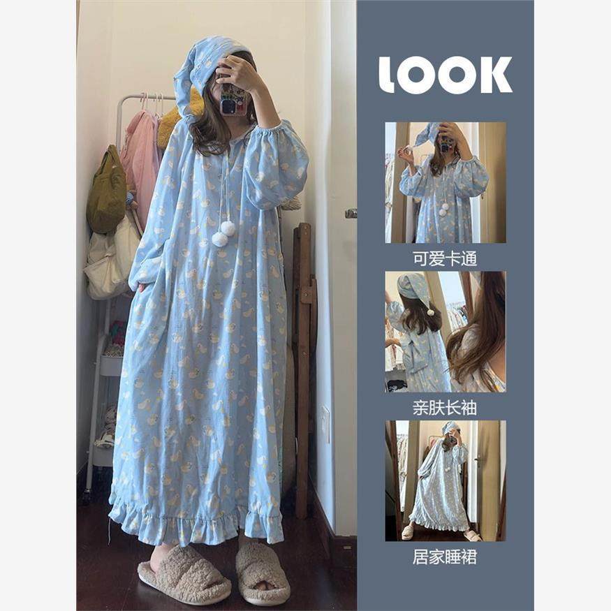 少女可爱甜美睡衣女春夏新款白鹅卡通睡裙家居服连衣裙外穿送帽子