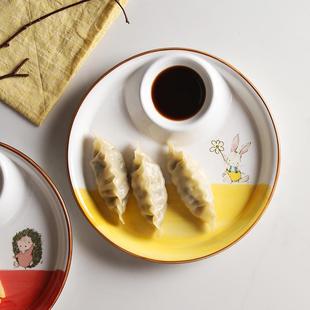 蓝莲花家居治愈动物手绘饺子盘子带醋碟陶瓷家用薯条盘水饺盘卡通