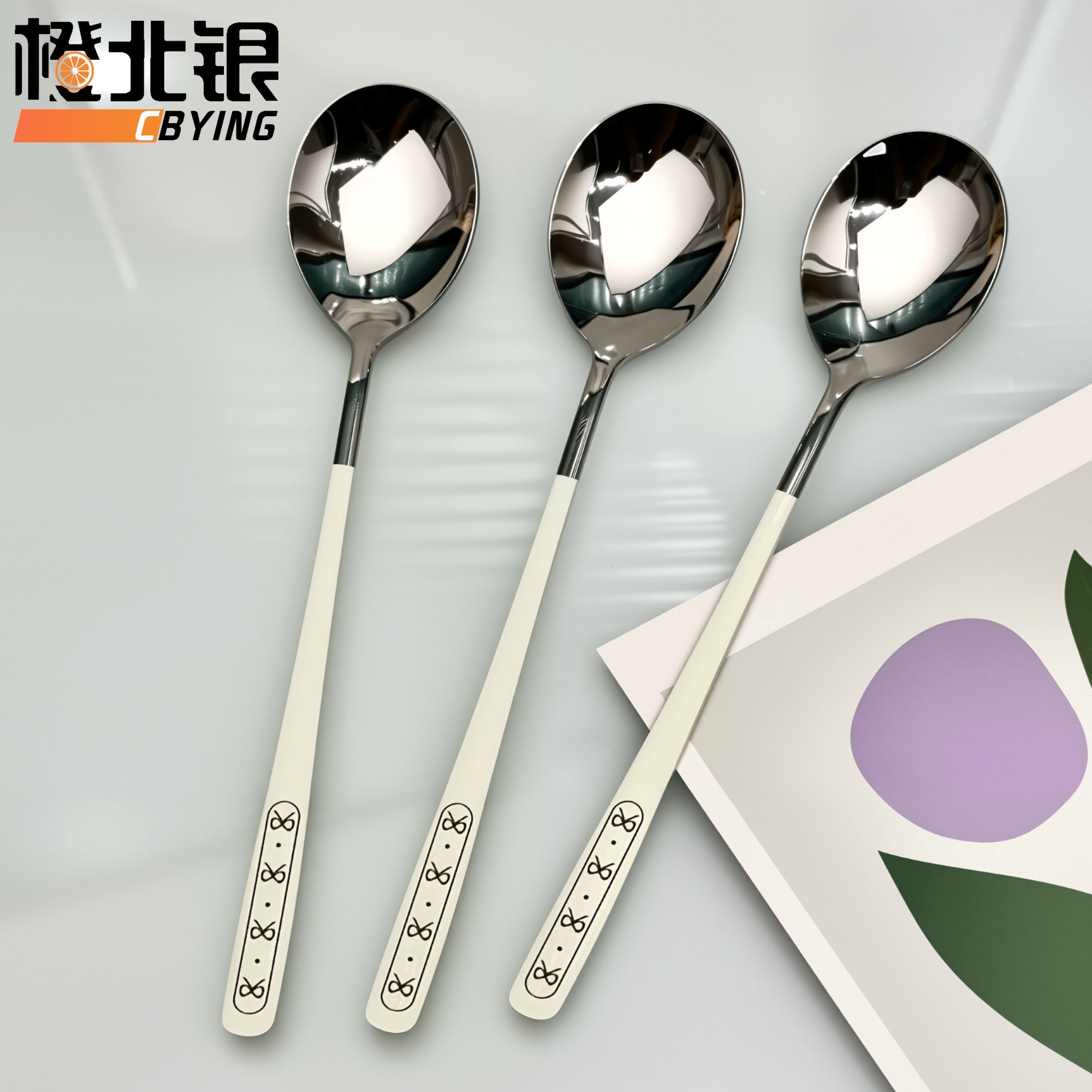 橙北银奶油白ins风甜品勺不锈钢长柄咖啡圆头勺蝴蝶结手柄西餐勺