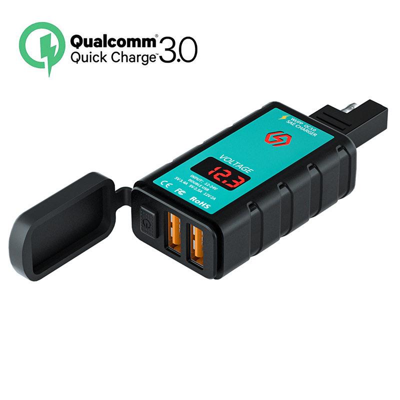 跨境摩托车SAE插头转USB手机充电器双QC3.0方形充电器电压表防水