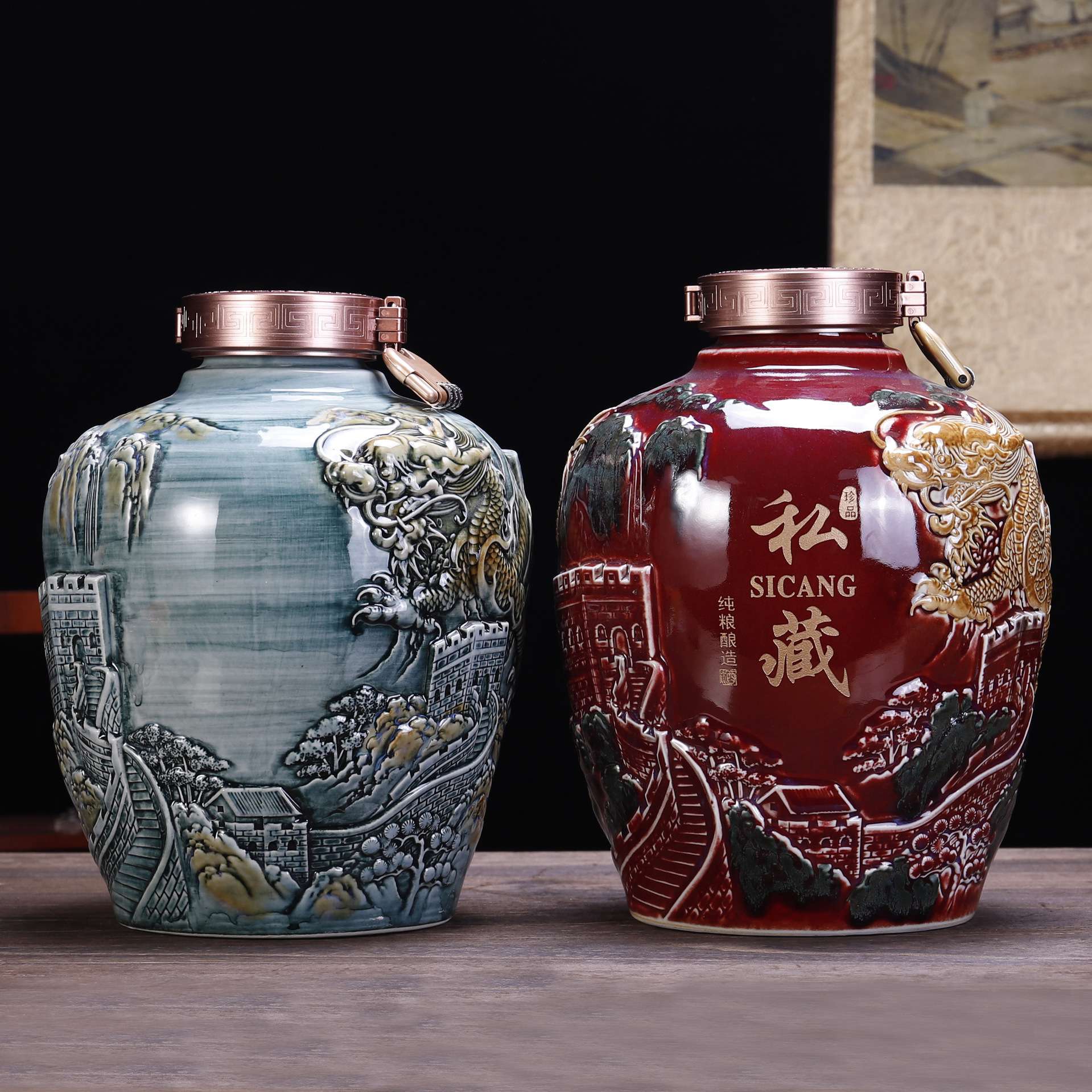 景德镇陶瓷酒瓶5/10斤装2.5L浮雕长城盘龙私藏雕刻创意空酒坛木盒