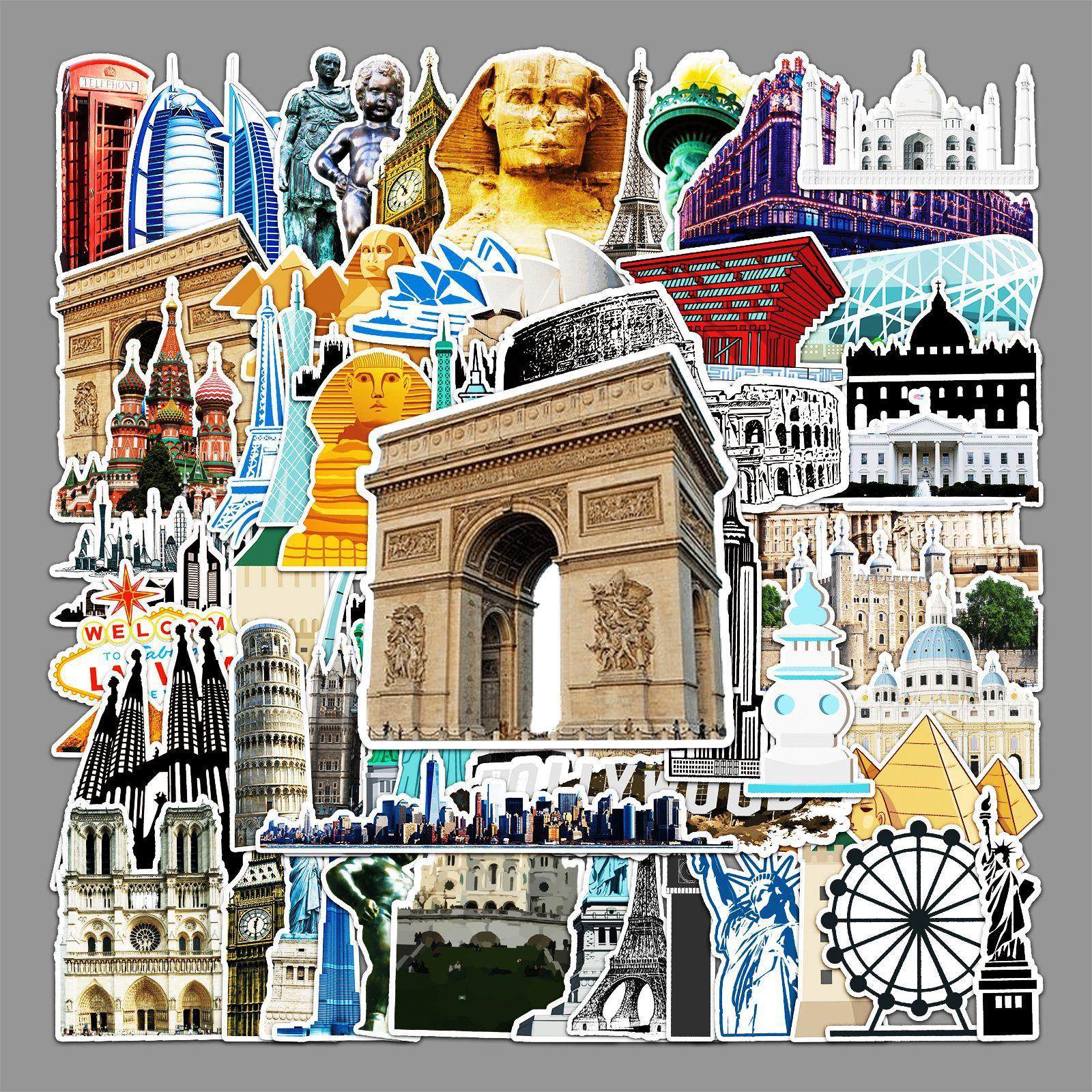 64张不重复地标建筑贴纸 diy行李箱自行车滑板车汽车防水装饰贴