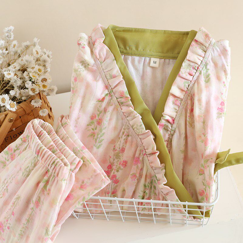 日系和服睡e衣女春夏季纯棉纱布长袖家居服套装复古汉服薄款家居
