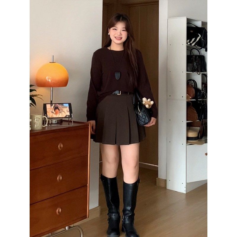 微胖的喵喵 梨形mm春季显瘦气质百搭高腰a字毛呢百S褶短裙子女226,女装/女士精品,大码半身裙,淘宝优惠券,粉丝福利购,淘宝优惠卷