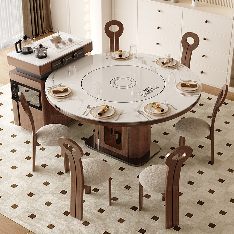 岩板岛台餐桌一体家用可分离胡桃色带智能暖菜转盘实木.伸缩饭桌