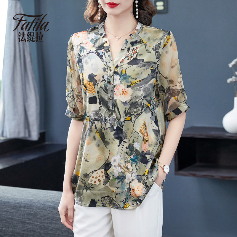 缎面印花重磅真丝衬衫女2021新C款夏宽松大码妈妈桑蚕丝上衣百搭,女装/女士精品,真丝上装,淘宝优惠券,粉丝福利购,淘宝优惠卷