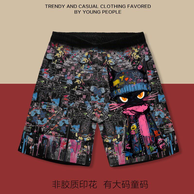 美式涂鸦猫多巴胺短裤男女印花y卡通夏季宽松休闲沙滩裤大码五分,男装,短裤,淘宝优惠券,粉丝福利购,淘宝优惠卷