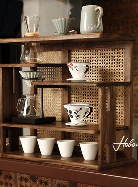 乌金木置物架实木收o纳柜桌面博古架茶台茶具水杯中古风藤编架子