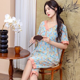 V领套头新中式 2024新B款 棉绸两件套家居服 女士睡衣短袖 人造棉夏季