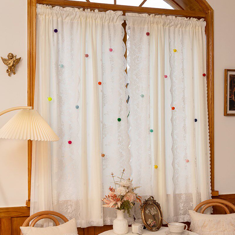 法式田园公主风纱帘双层蕾丝窗帘儿童房女孩O飘窗免打孔魔术贴门