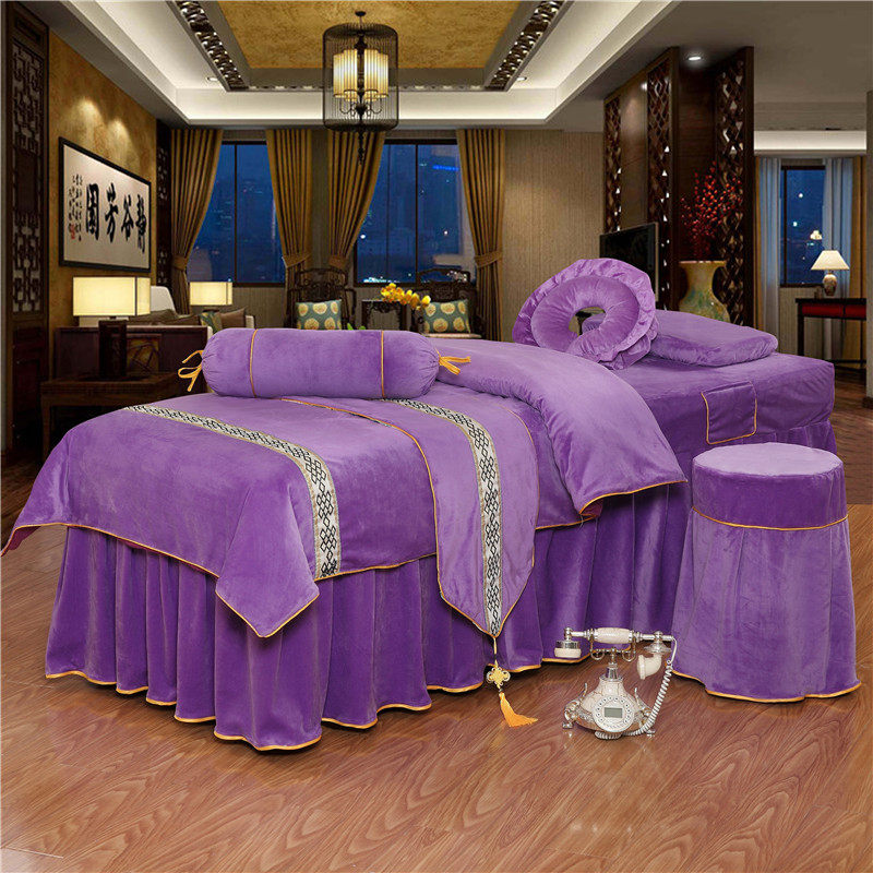 纯色美容床e罩四件套高档美容院专用水晶绒美容床罩欧式按摩床罩