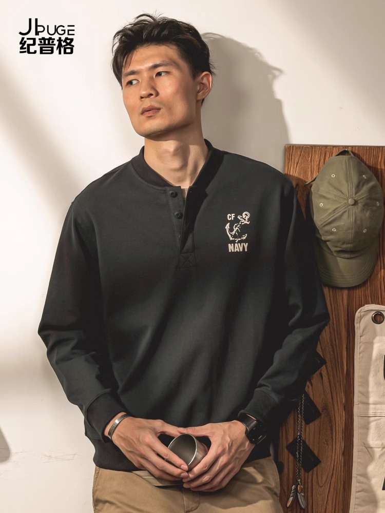 纪普格亨利衫长袖卫衣男士春季亨利领T恤美式覆古350g纯棉打底衫