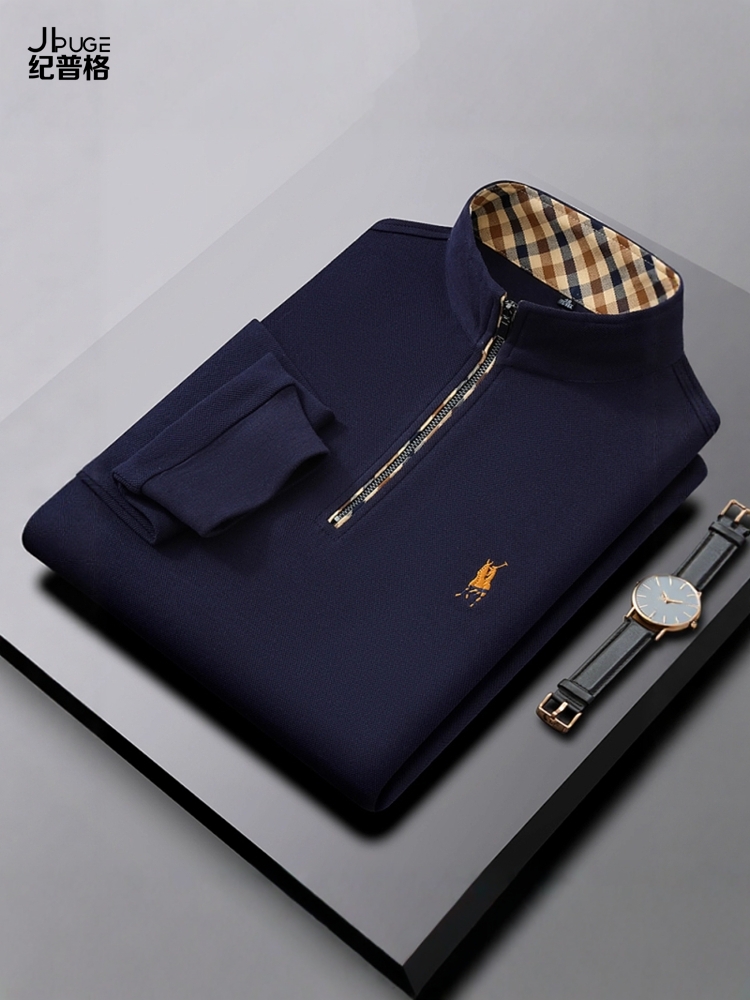 Paul Sholido纯棉半拉炼运动衫男士商务半高领秋冬Polo衫经典长袖